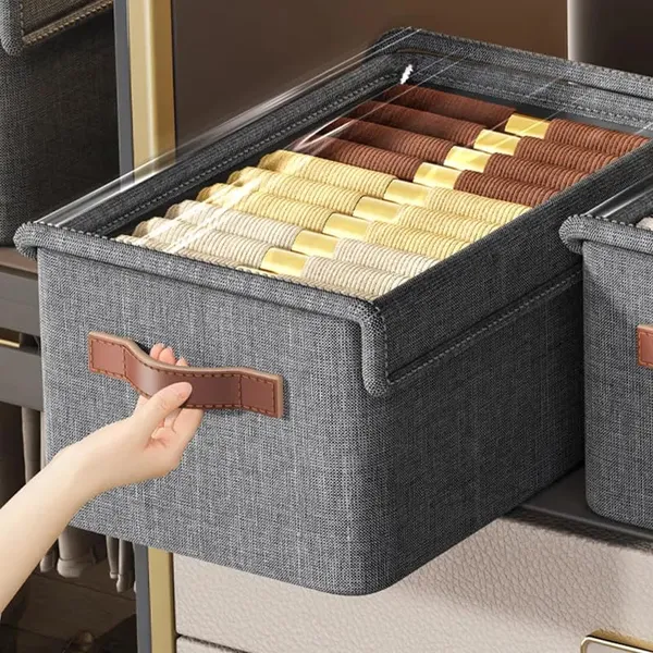 Grey_Foldable_Fabric_Storage_Boxes_With_Clear_Window_And_Handles_Set_Of_Grey_Organizer_Bins