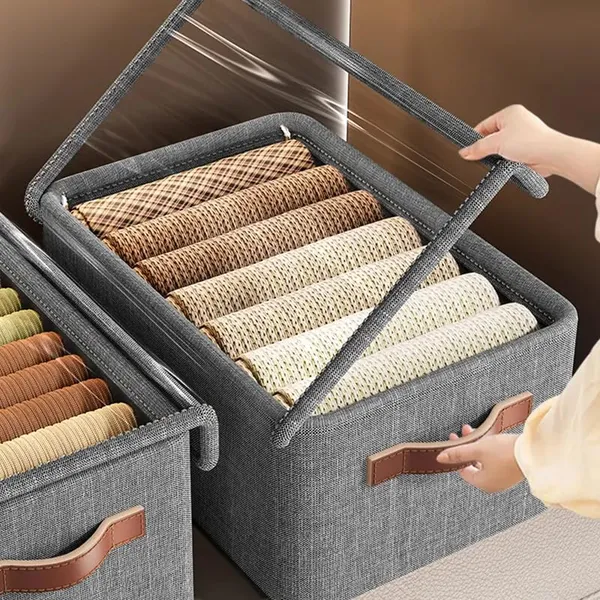Grey_Foldable_Fabric_Storage_Boxes_With_Clear_Window_And_Handles_Set_Of_Grey_Organizer_Bins