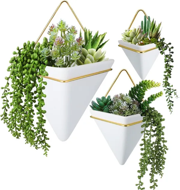 White_With_Golden_Set_Of_3_White_Triangular_Hanging_Planters_With_Gold_Rim