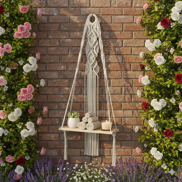 Cream_And_White_Macrame_Hanging_Shelf_With_Wooden_Platform