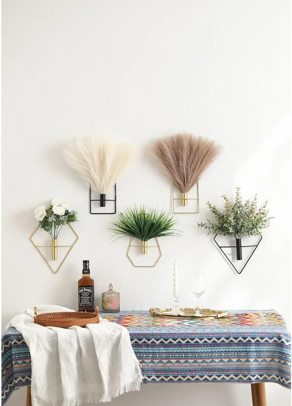 Black_Set_Of_2_Hexagonal_Wall-Mounted_Metal_Vase_Holders_With_Artificial_Plants