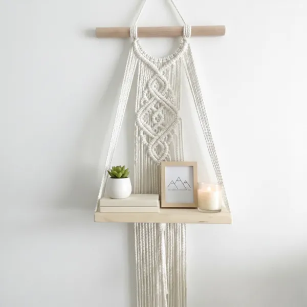 White_And_Beige_Macram�_Wall_Hanging_Shelf_With_Wooden_Tray