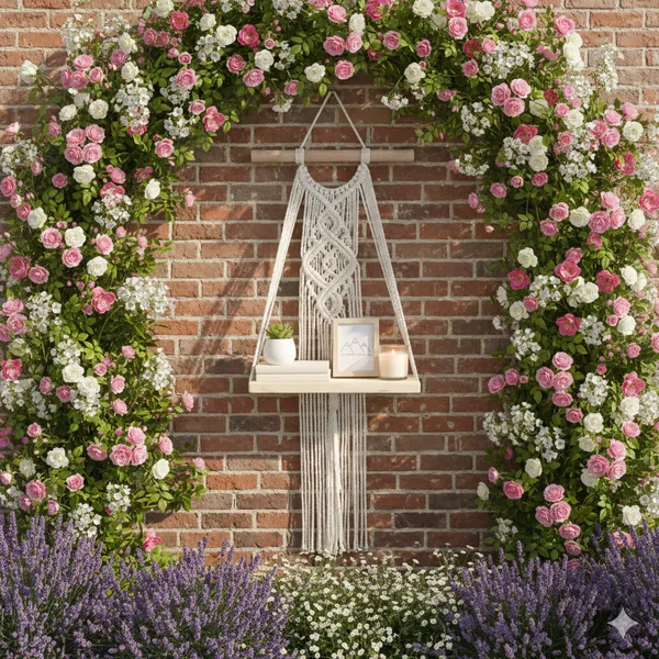 White_And_Beige_Macram�_Wall_Hanging_Shelf_With_Wooden_Tray