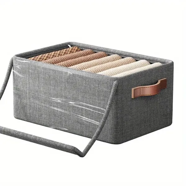 Grey_Foldable_Fabric_Storage_Boxes_With_Clear_Window_And_Handles_Set_Of_Grey_Organizer_Bins