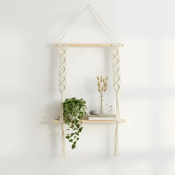 Cream_Macram�_Hanging_Wall_Shelf_With_Wooden_Frame