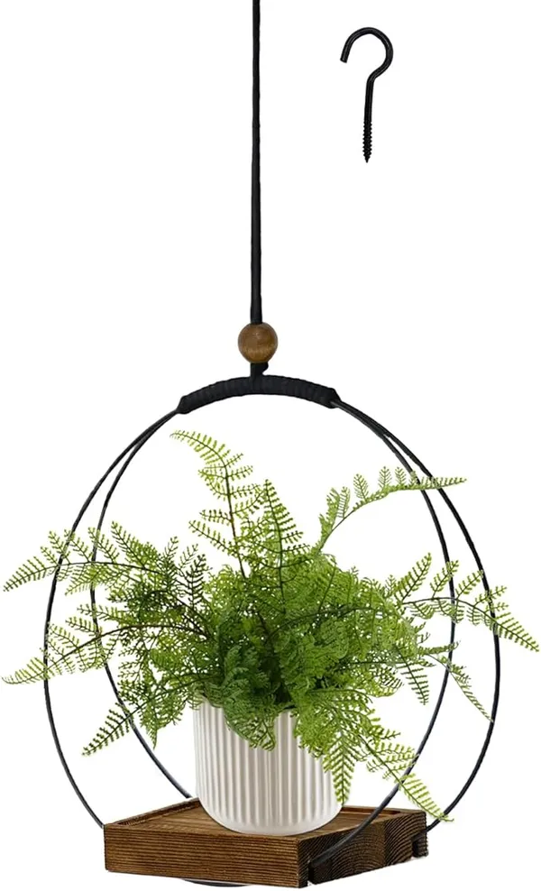 Black_And_White_Modern_Hanging_Planter_With_Circular_Metal_Frame_And_Wooden_Shelf