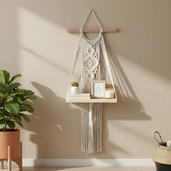 White_And_Beige_Macram�_Wall_Hanging_Shelf_With_Wooden_Tray