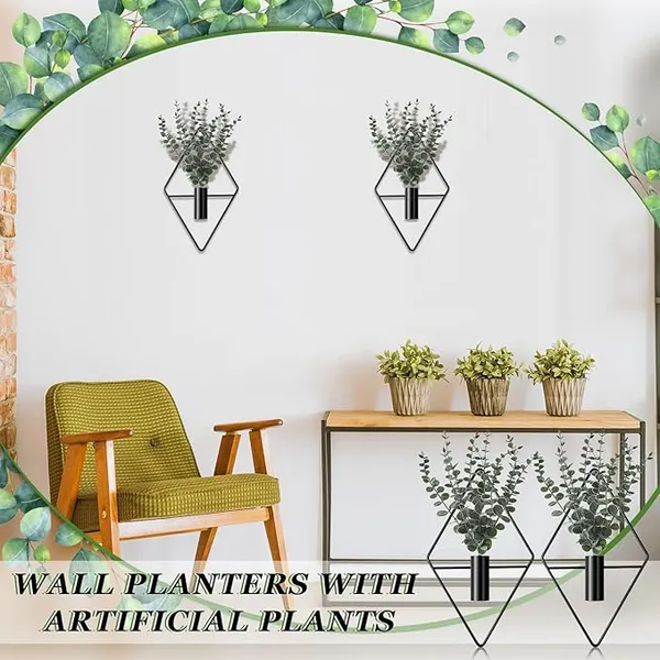 Black_Wall_Mounted_Geometric_Planter_With_Artificial_Eucalyptus