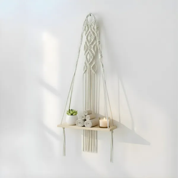 Cream_And_White_Macrame_Hanging_Shelf_With_Wooden_Platform