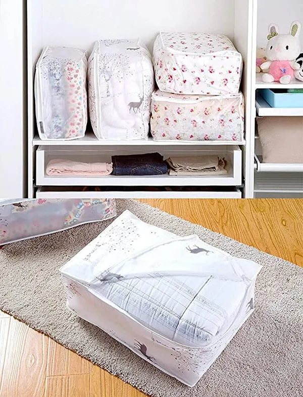 White_Fabric_Storage_Bags_With_Transparent_Window_And_Zipper_Closure