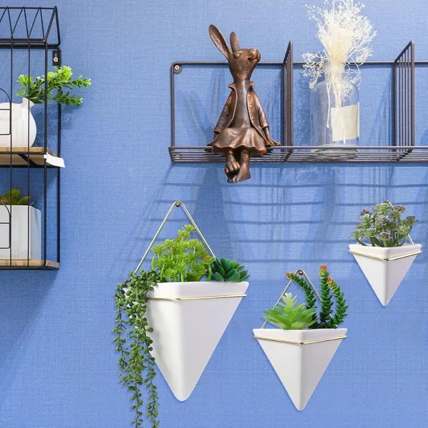 White_With_Golden_Set_Of_3_White_Triangular_Hanging_Planters_With_Gold_Rim