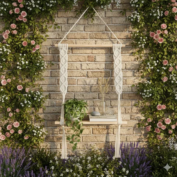 Cream_Macram�_Hanging_Wall_Shelf_With_Wooden_Frame