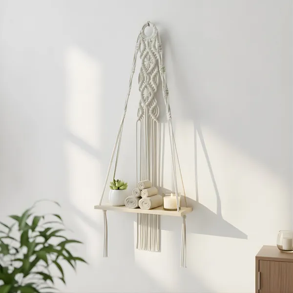 Cream_And_White_Macrame_Hanging_Shelf_With_Wooden_Platform