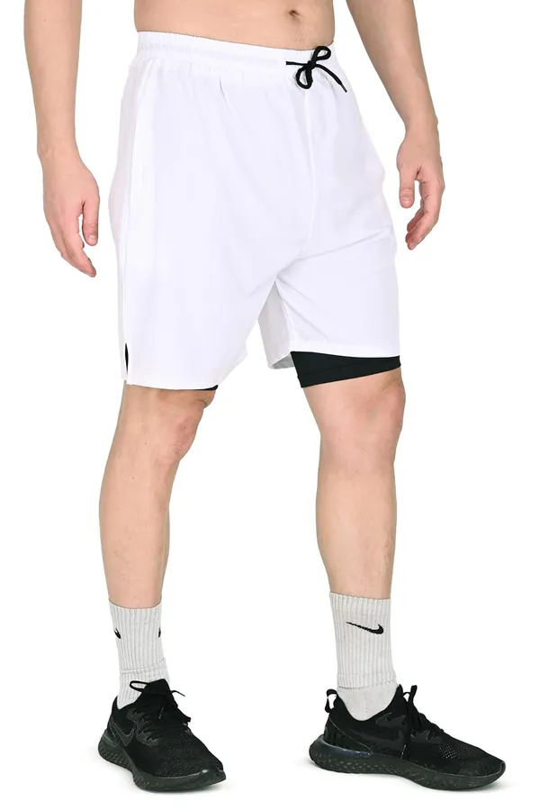 White_Premium_2_In_1_Dual_Layer_Gym_Shorts_With_Inner_Tights_For_Men_(Pack_Of_2)