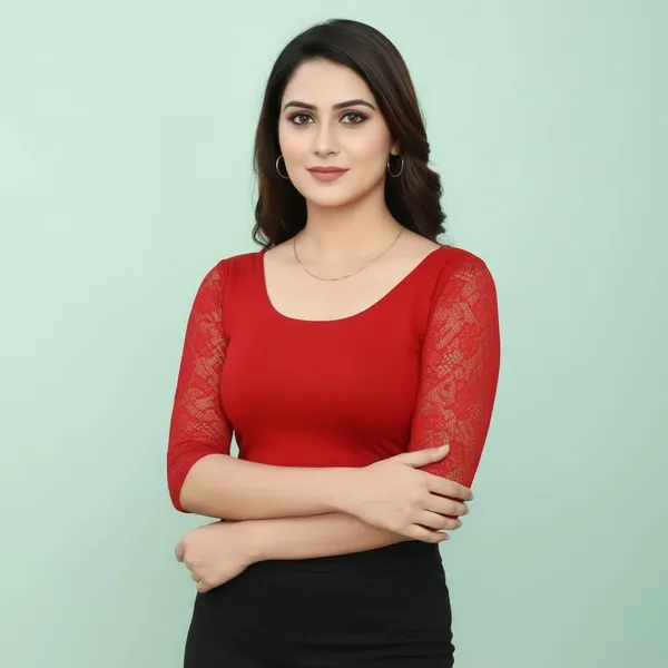 White_And_Red_Premium_Truness_Cotton_Lycra_Round_Neck_Blouse_3_4_Net_Sleeve_Saree_Blouse_Stretchable_Readymade_Indian_Style_For_Women_(Pack_Of_2)
