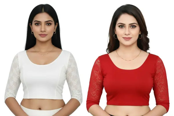 White_And_Red_Premium_Truness_Cotton_Lycra_Round_Neck_Blouse_3_4_Net_Sleeve_Saree_Blouse_Stretchable_Readymade_Indian_Style_For_Women_(Pack_Of_2)