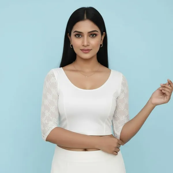 White_And_Red_Premium_Truness_Cotton_Lycra_Round_Neck_Blouse_3_4_Net_Sleeve_Saree_Blouse_Stretchable_Readymade_Indian_Style_For_Women_(Pack_Of_2)