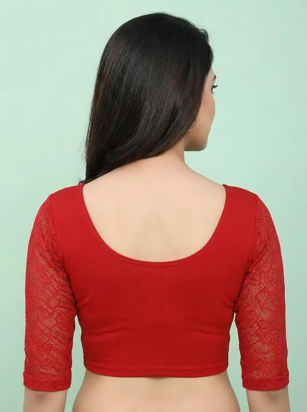 White_And_Red_Premium_Truness_Cotton_Lycra_Round_Neck_Blouse_3_4_Net_Sleeve_Saree_Blouse_Stretchable_Readymade_Indian_Style_For_Women_(Pack_Of_2)