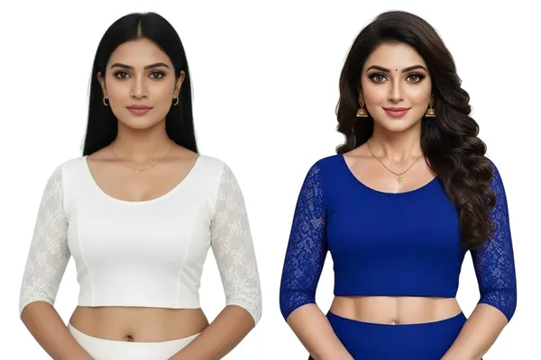 White_And_Blue_Premium_Truness_Cotton_Lycra_Round_Neck_Blouse_3_4_Net_Sleeve_Saree_Blouse_Stretchable_Readymade_Indian_Style_For_Women_(Pack_Of_2)