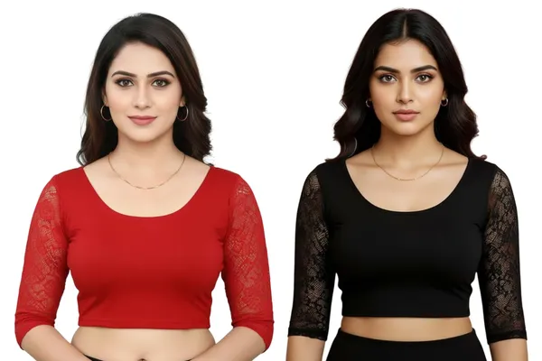 Red_And_Black_Premium_Truness_Cotton_Lycra_Round_Neck_Blouse_3_4_Net_Sleeve_Saree_Blouse_Stretchable_Readymade_Indian_Style_For_Women_(Pack_Of_4)