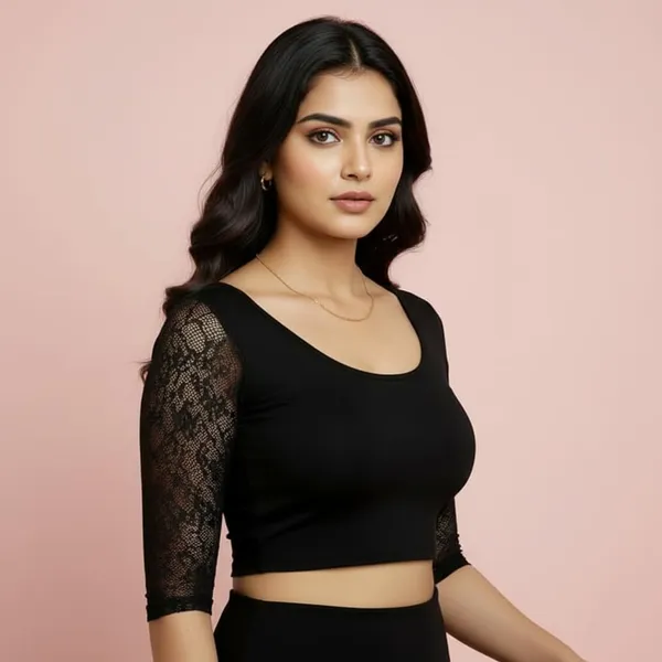 Red_And_Black_Premium_Truness_Cotton_Lycra_Round_Neck_Blouse_3_4_Net_Sleeve_Saree_Blouse_Stretchable_Readymade_Indian_Style_For_Women_(Pack_Of_4)