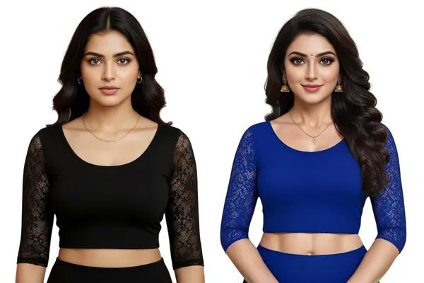 Black_And_Blue_Premium_Truness_Cotton_Lycra_Round_Neck_Blouse_3_4_Net_Sleeve_Saree_Blouse_Stretchable_Readymade_Indian_Style_For_Women_(Pack_Of_2)