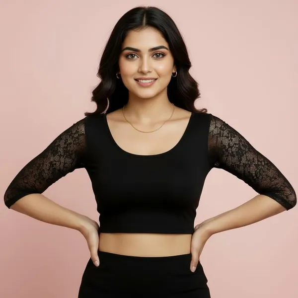 Black_And_Blue_Premium_Truness_Cotton_Lycra_Round_Neck_Blouse_3_4_Net_Sleeve_Saree_Blouse_Stretchable_Readymade_Indian_Style_For_Women_(Pack_Of_2)