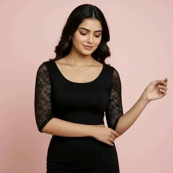 Black_And_Blue_Premium_Truness_Cotton_Lycra_Round_Neck_Blouse_3_4_Net_Sleeve_Saree_Blouse_Stretchable_Readymade_Indian_Style_For_Women_(Pack_Of_2)