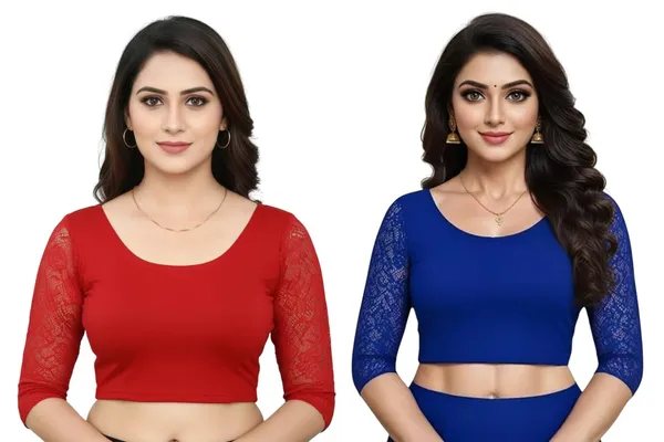 Red_And_Blue_Premium_Truness_Cotton_Lycra_Round_Neck_Blouse_3_4_Net_Sleeve_Saree_Blouse_Stretchable_Readymade_Indian_Style_For_Women_(Pack_Of_2)