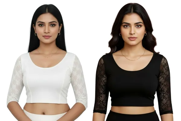 White_And_Black_Premium_Truness_Cotton_Lycra_Round_Neck_Blouse_3_4_Net_Sleeve_Saree_Blouse_Stretchable_Readymade_Indian_Style_For_Women_(Pack_Of_2)