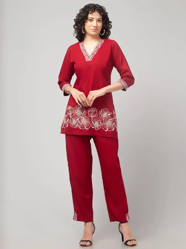 Maroon_Premium_Rayon_Embroidery_V_Neck_Co-Ord_Set_For_Women_(Pack_Of_2)