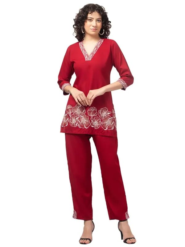 Maroon_Premium_Rayon_Embroidery_V_Neck_Co-Ord_Set_For_Women_(Pack_Of_2)