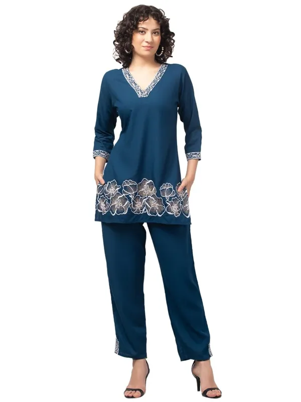 Dark_Blue_Premium_Rayon_Embroidery_V_Neck_Co-Ord_Set_For_Women