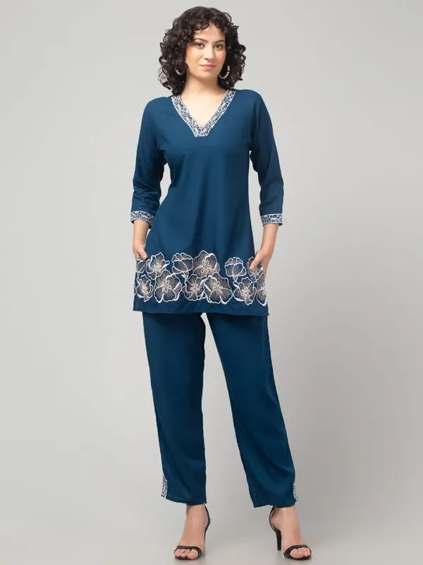 Dark_Blue_Premium_Rayon_Embroidery_V_Neck_Co-Ord_Set_For_Women