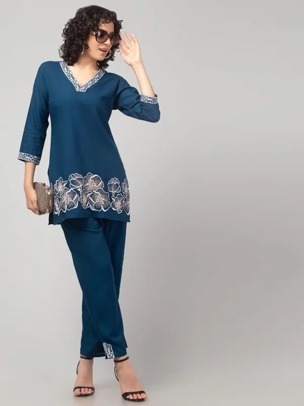 Dark_Blue_Premium_Rayon_Embroidery_V_Neck_Co-Ord_Set_For_Women