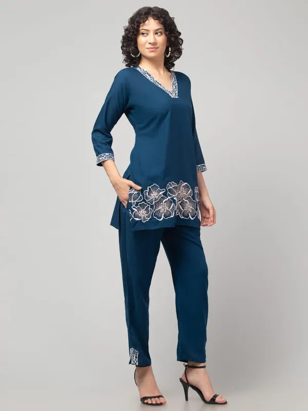 Dark_Blue_Premium_Rayon_Embroidery_V_Neck_Co-Ord_Set_For_Women