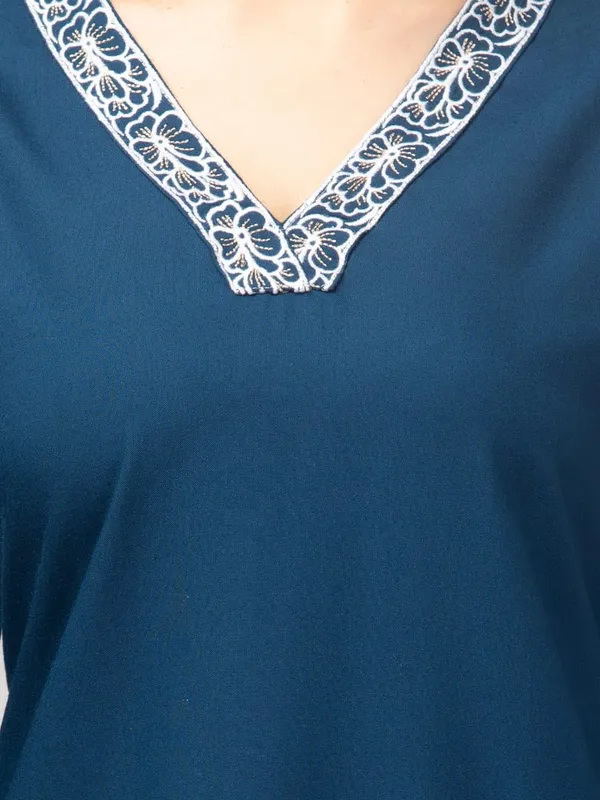 Dark_Blue_Premium_Rayon_Embroidery_V_Neck_Co-Ord_Set_For_Women