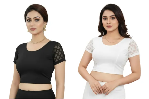 Black_And_White_Premium_Truness_Round_Neck_Cotton_Lycra_Stretchable_Half_Net_Sleeve_Readymade_Saree_Blouse_For_Women_(Pack_Of_2)