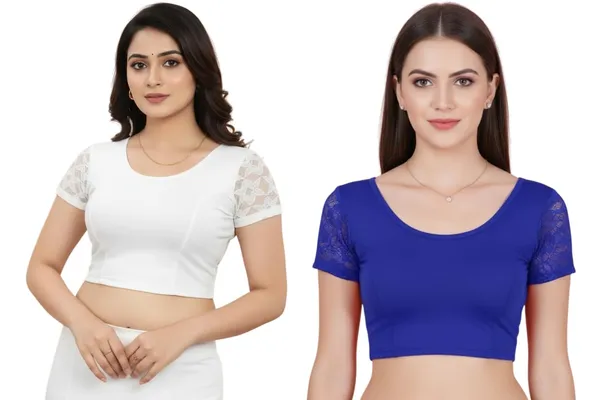 White_And_Blue_Premium_Truness_Round_Neck_Cotton_Lycra_Stretchable_Half_Net_Sleeve_Readymade_Saree_Blouse_For_Women_(Pack_Of_4)