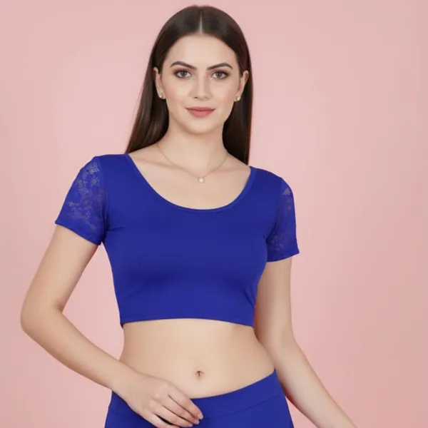 White_And_Blue_Premium_Truness_Round_Neck_Cotton_Lycra_Stretchable_Half_Net_Sleeve_Readymade_Saree_Blouse_For_Women_(Pack_Of_4)