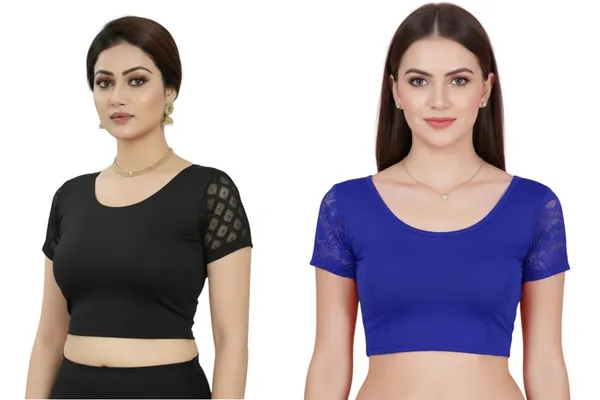 Black_And_Blue_Premium_Truness_Round_Neck_Cotton_Lycra_Stretchable_Half_Net_Sleeve_Readymade_Saree_Blouse_For_Women_(Pack_Of_2)
