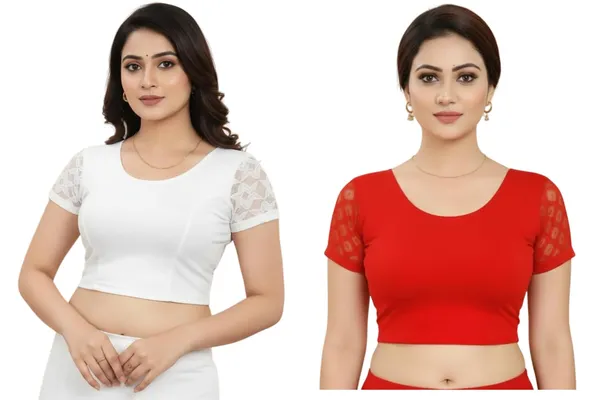 White_And_Red_Premium_Truness_Round_Neck_Cotton_Lycra_Stretchable_Half_Net_Sleeve_Readymade_Saree_Blouse_For_Women