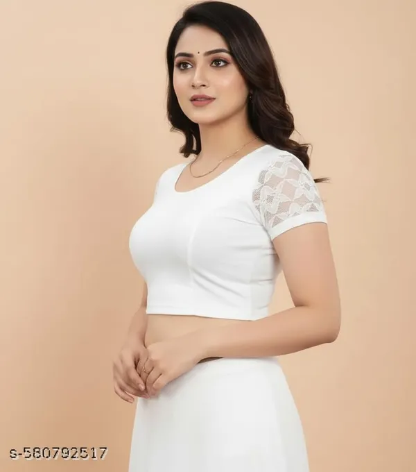 White_And_Red_Premium_Truness_Round_Neck_Cotton_Lycra_Stretchable_Half_Net_Sleeve_Readymade_Saree_Blouse_For_Women