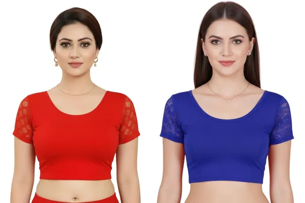 Red_And_Blue_Premium_Truness_Round_Neck_Cotton_Lycra_Stretchable_Half_Net_Sleeve_Readymade_Saree_Blouse_For_Women_(Pack_Of_2)