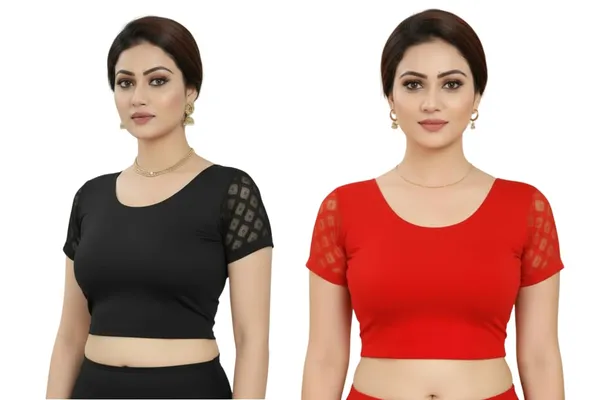 Black_And_Red_Premium_Truness_Round_Neck_Cotton_Lycra_Stretchable_Half_Net_Sleeve_Readymade_Saree_Blouse_For_Women