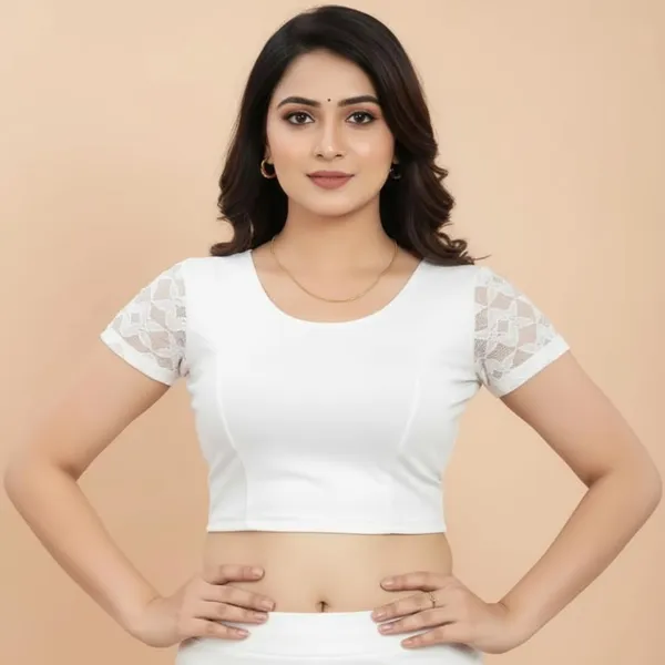 White_Premium_Round_Neck_Cotton_Lycra_Half_Net_Sleeve_Saree_Blouse_For_Women