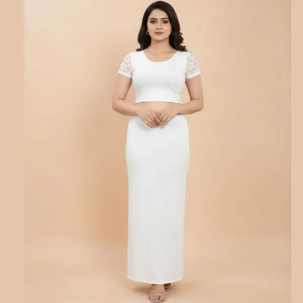 White_Premium_Round_Neck_Cotton_Lycra_Half_Net_Sleeve_Saree_Blouse_For_Women