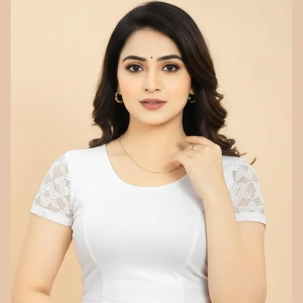 White_Premium_Round_Neck_Cotton_Lycra_Half_Net_Sleeve_Saree_Blouse_For_Women