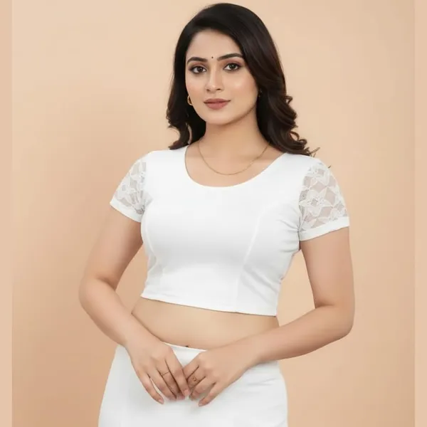 White_Premium_Round_Neck_Cotton_Lycra_Half_Net_Sleeve_Saree_Blouse_For_Women