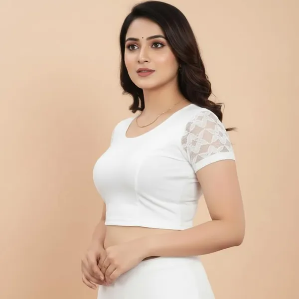 White_Premium_Round_Neck_Cotton_Lycra_Half_Net_Sleeve_Saree_Blouse_For_Women